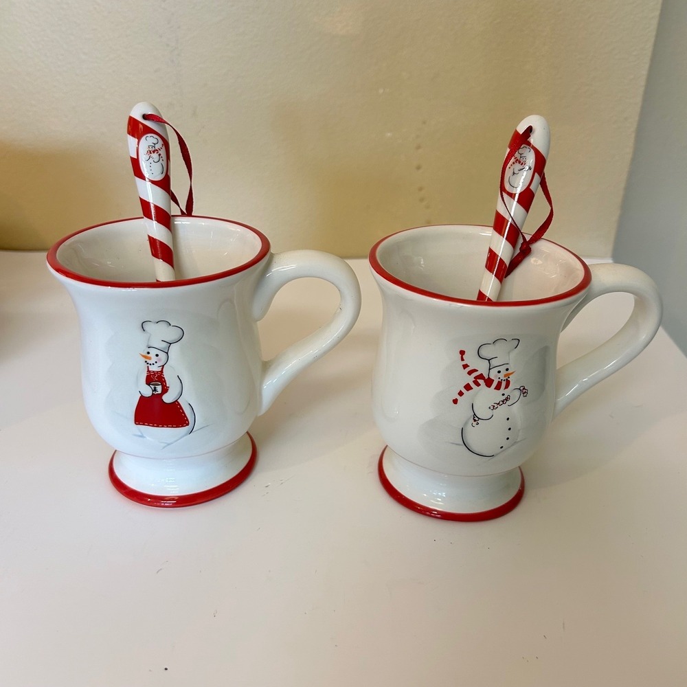 Vintage Christmas Mugs Chef Snowman Holiday Coffee Cocoa‎ Cup Spoon Set of 2